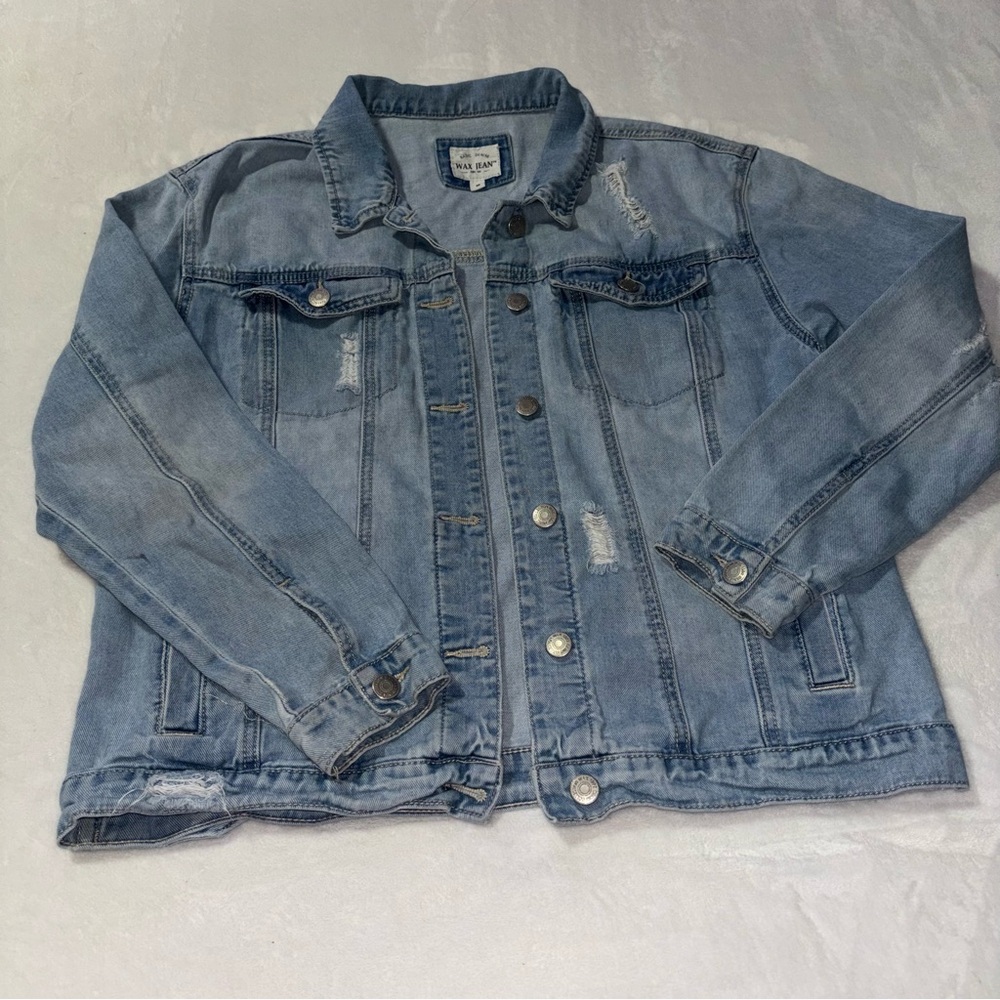 Wax Jeans Light Wash Distressed Denim Trucker Jacket Size Medium